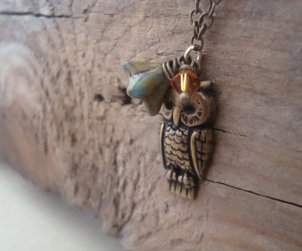 Brass Owl Necklace Nature Inspired Woodland Rustic Charm Necklace Fall Jewelry Owl Jewelry Brass Jewelry Gifts Under 40 Mothers Day
