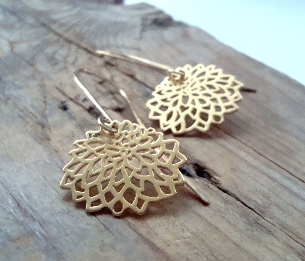Gold Chrysanthemum Earrings Gold Metalwork Simple Modern Flower Jewelry Asian Style Zen Gifts Under 40 Long Dangles Floral Earrings