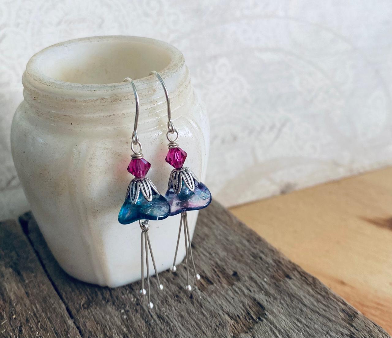 Blue Holiday Blossom Earrings With Fuchsia Crystals Silver Mothers Day Bridesmaid Flower Floral Holiday Jewelry Gifts Under 40 Spring