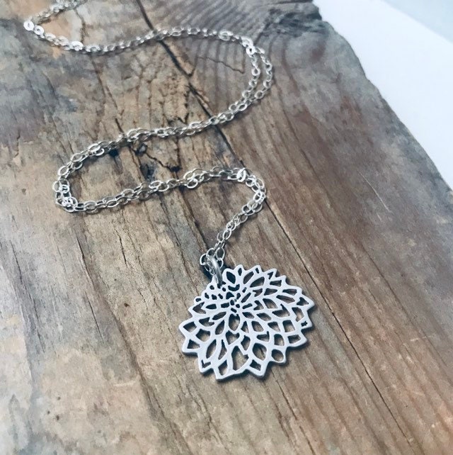 Silver Chrysanthemum Necklace - Small. Sterling Metalwork Modern Asian Style Flower Pendant Gifts Under 30 Zen Jewelry Silver Small Floral