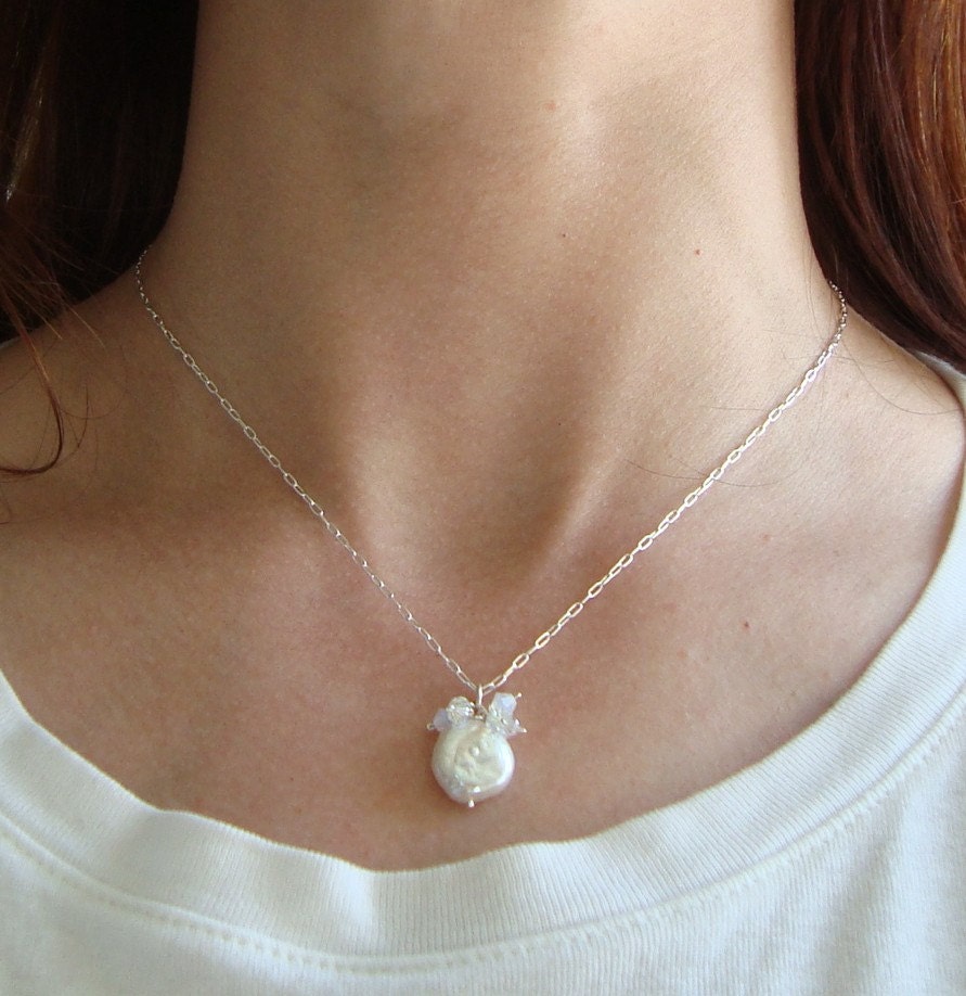White Coin Pearl And Crystal Necklace Bridal Jewelry June Birthstone Crystal Jewelry Cluster Necklace Weddings Gifts Under 50