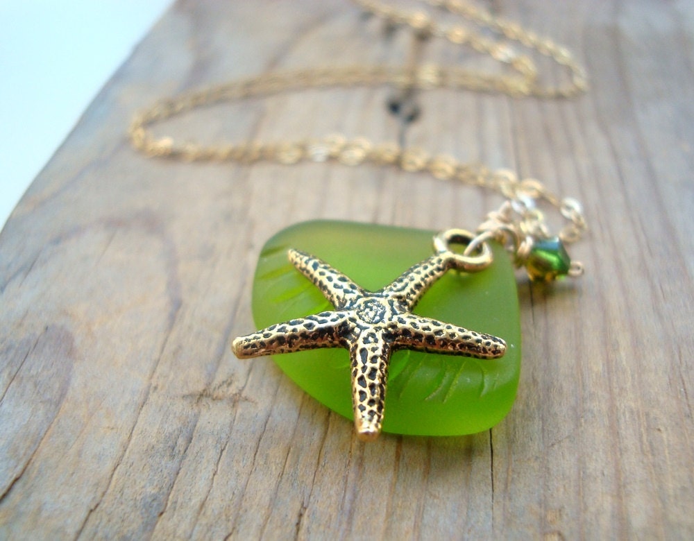 Gold Starfish And Green Sea Glass Necklace With Crystal Gold Jewelry Beachy Summer Jewelry Gemstone Bridesmaid Necklace