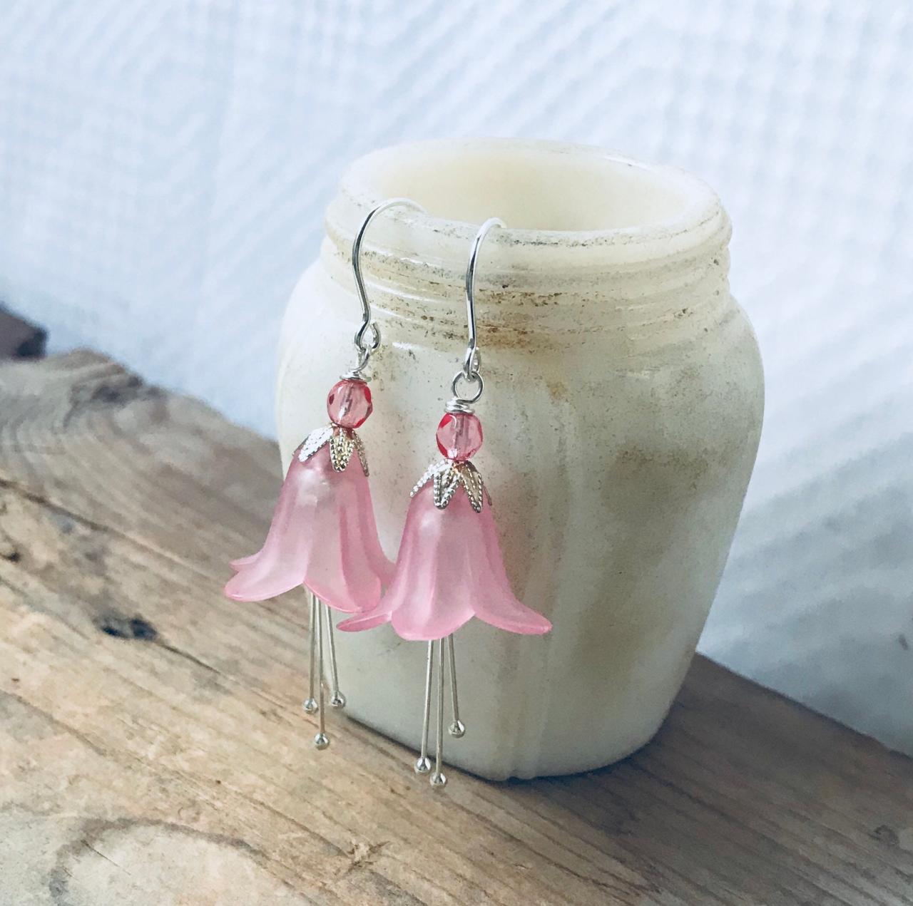 Pink Lucite Blossoms Earrings With Crystal Silver Easter Spring Flower Jewelry Holiday Bridal Bridesmaid Floral Jewelry Mothers Day Gifts