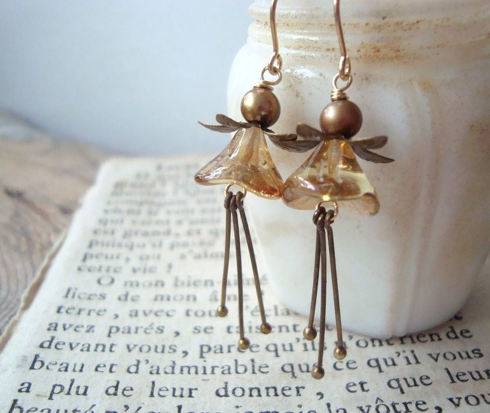 Gold And Brass Blossom Earrings With Pearl Vintage Style Holiday Jewelry Fall Fashion Gifts Under 40 Flower Jewelry Floral Fall Autumn