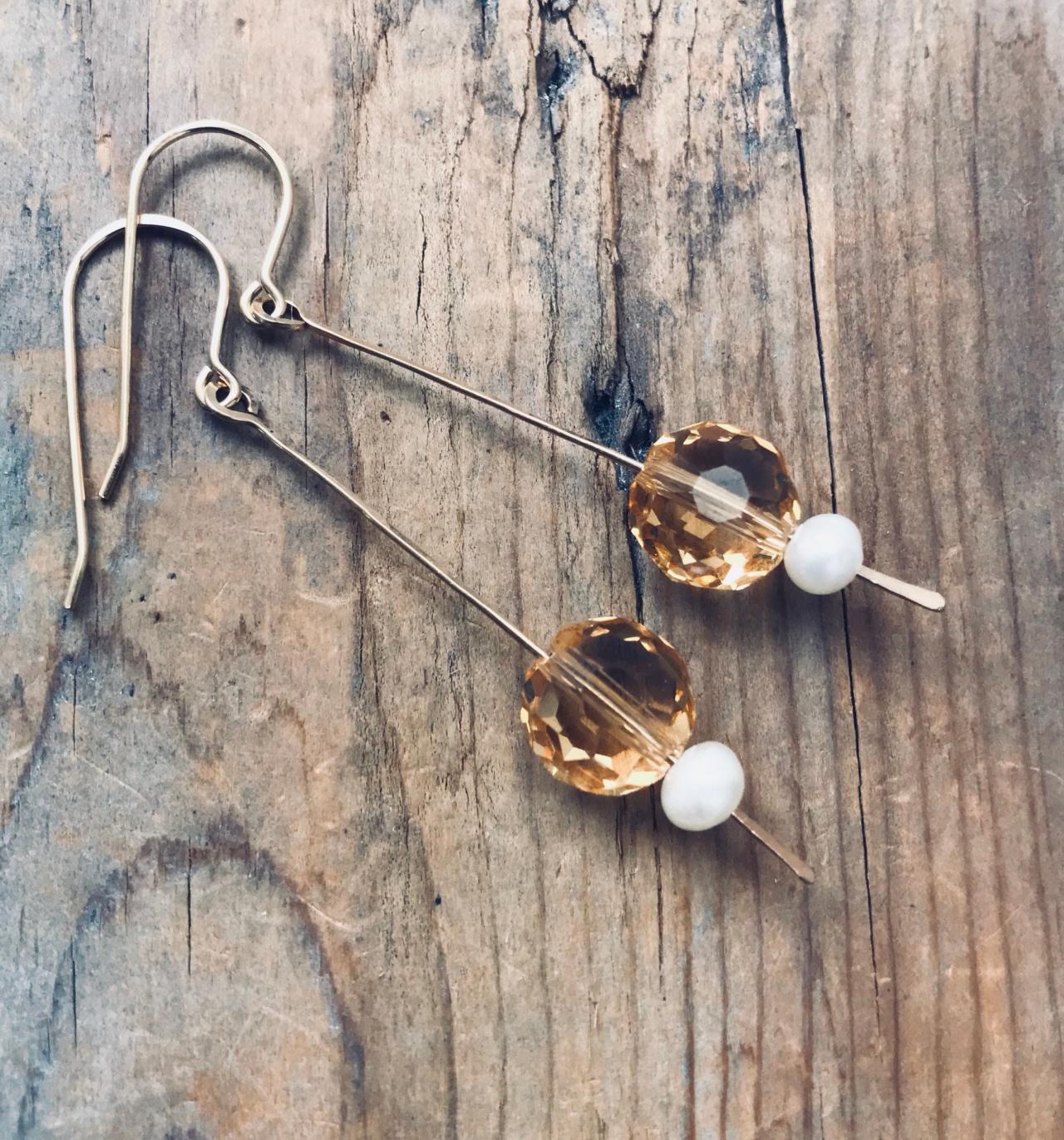 Citrine Stick Earrings With Pearl Gold Filled Golden Faceted Gemstone Metalwork November Birthstone Gifts Under 40 Modern Bridal