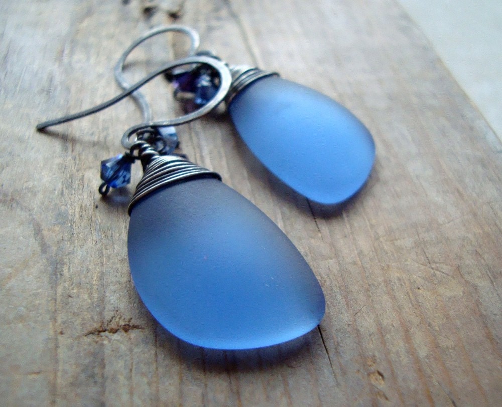 Denim Blue Sea Glass Earrings With Crystal Eclipse Oxidized Sterling Silver Summer Fashion Sea Glass Jewelry Mothers Day Gifts