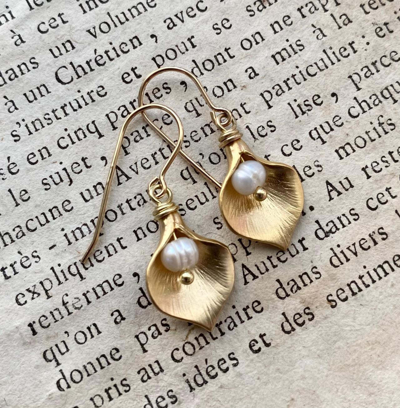 Gold Calla Lily Earrings With White Pearl Bridal Jewelry Flower Floral Mothers Day June Birthstone Small Dangles