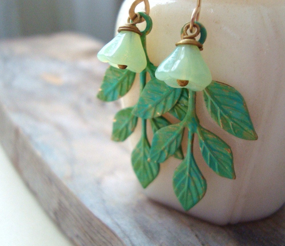 Green Patina Leaf Earrings Hand Painted Flower Jewelry Spring Jewelry Mothers Day Bridesmaid Earrings Dangle Earrings