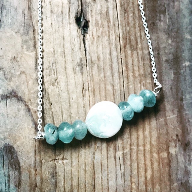 White Coin Pearl Necklace With Aquamarine Bridal Jewelry June Birthstone March Birthstone Gemstone Necklace Weddings 