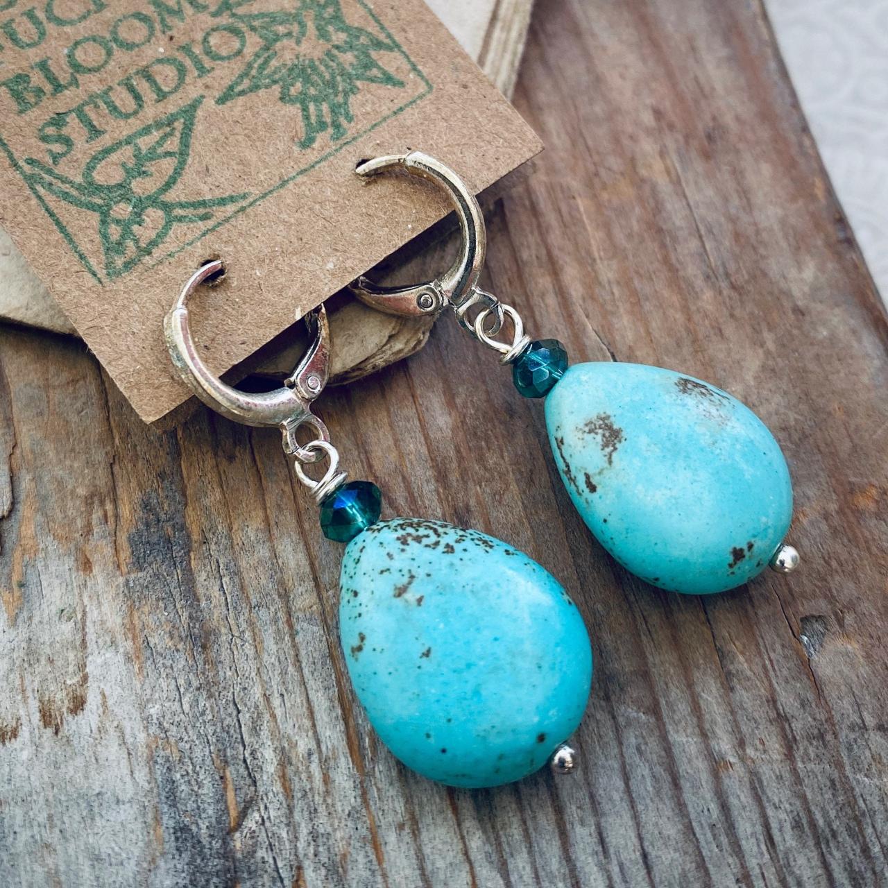 Large Turquoise Teardrop Earrings With Crystal Wire Wrapped Silver Gemstone Dangles Jewelry Boho Beachy December Birthstone