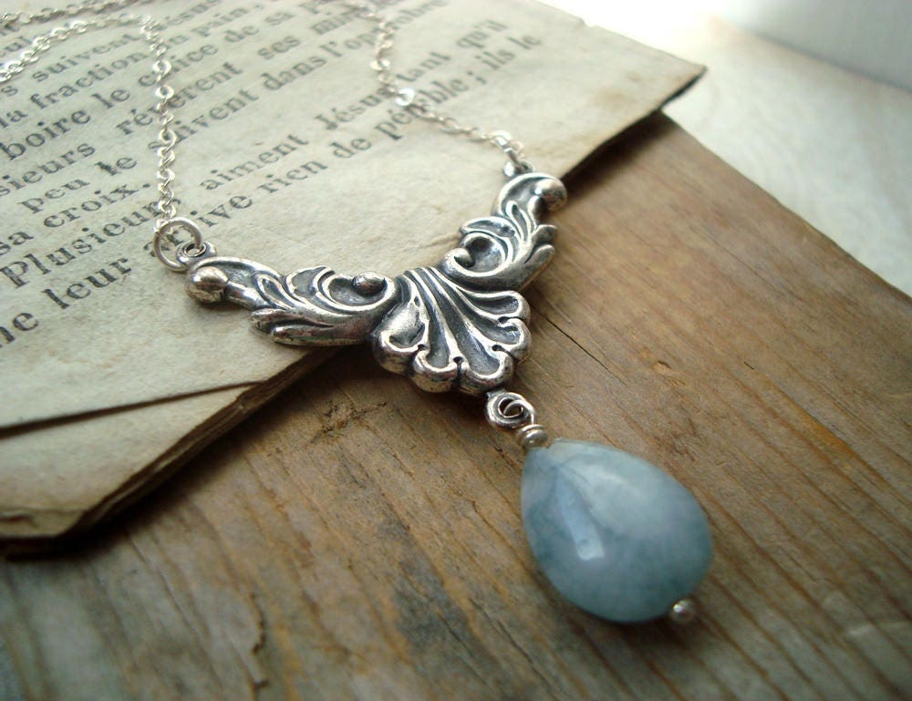 Blue Aquamarine Necklace With Antiqued Silver Setting Sterling Art Nouveau March Birthstone Bridesmaid Bridal Vintage Style 