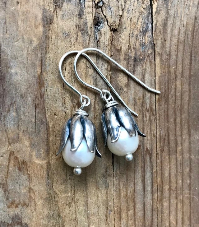 Silver Flower Earrings With Pearl Bridal Weddings Holiday Jewelry Gifts Under 30 Flower Jewelry Floral June Birthstone Small Dangles