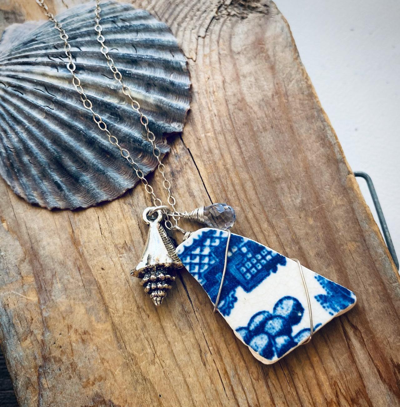 Sea Pottery Necklace Cobalt White With Silver Conch Shell And Mystic Quartz Sterling Silver Jewelry Beachy Summer Bridesmaid Beach Weddings