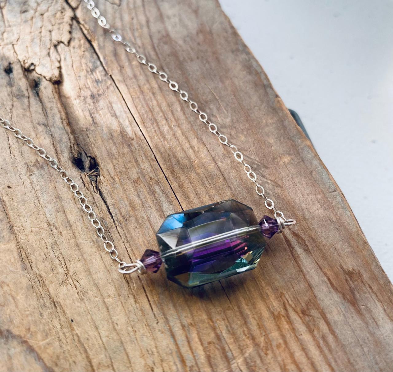 Purple Crystal Necklace - Vintage Square Crystal Wire Wrapped Swarovski Crystal Oxidized Sterling Vintage Style Holiday Jewelry Spring