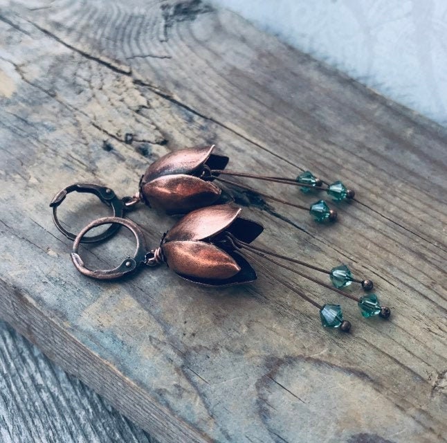 Copper Tulip Earrings With Seafoam Green Crystal Copper Jewelry Flower Jewelry Shabby Chic Bridal Jewelry Bridesmaid Earrings Woodland