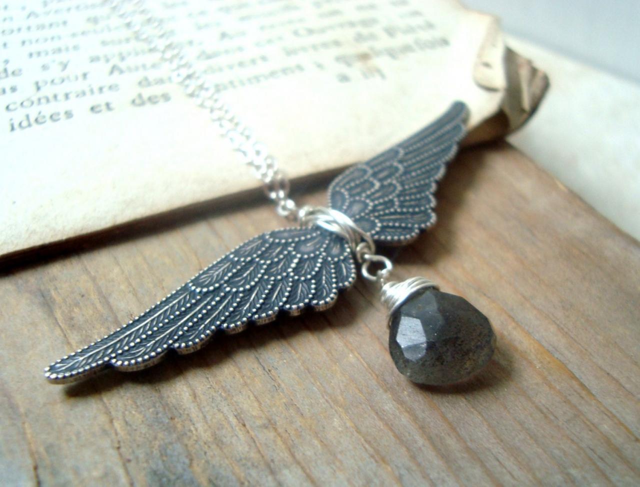 Winged Victory Necklace - Antiqued Silver and Rainbow Labradorite, Vintage Style Silver Angel Wing Necklace Art Nouveau Gifts Under 50 