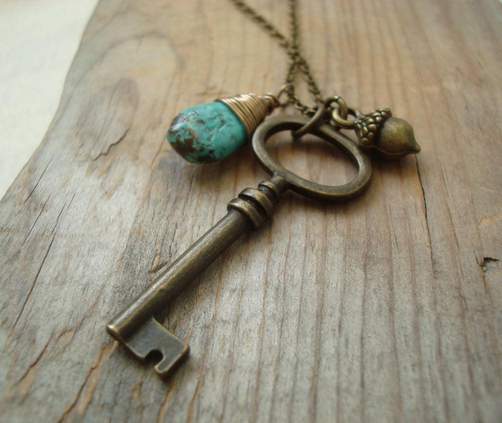 Brass Key Necklace With Turquoise And Acorn Charm Key Jewelry Mothers Day Woodland December Birthstone Gifts Under 50 Long Layering