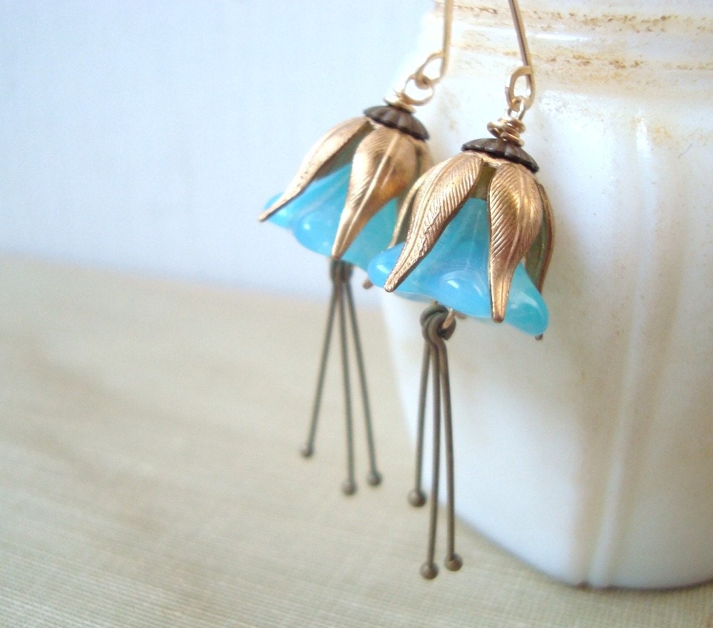 Aqua Blue Blossom Earrings Brass Spring Fashion Bridal Jewelry Flower Jewelry Floral Cottage Chic Garden Party Art Nouveau