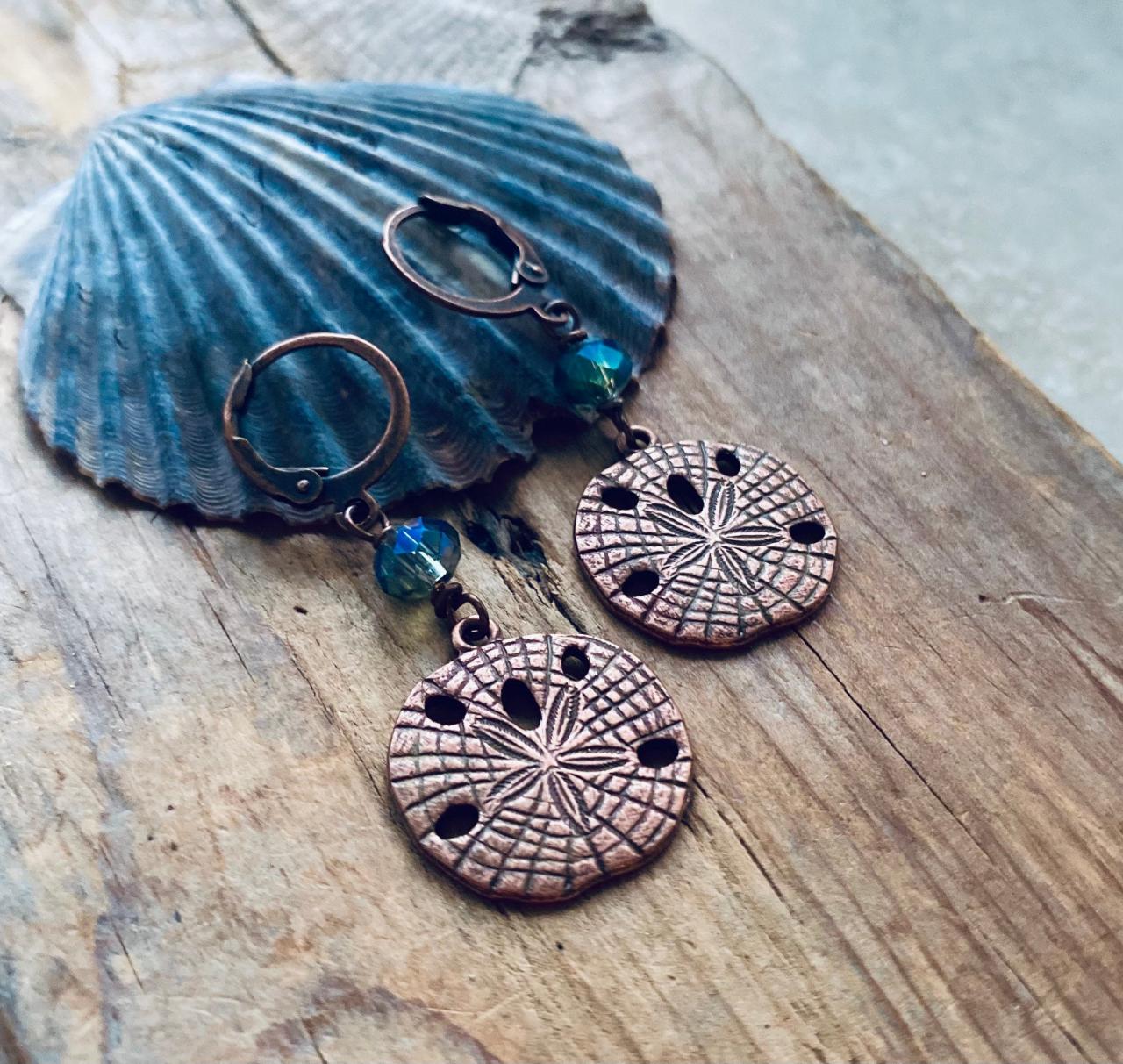 Copper Sand Dollar Earrings With Blue Crystal Ocean Jewelry Beachy Summer Bridesmaid Sea Life Charm