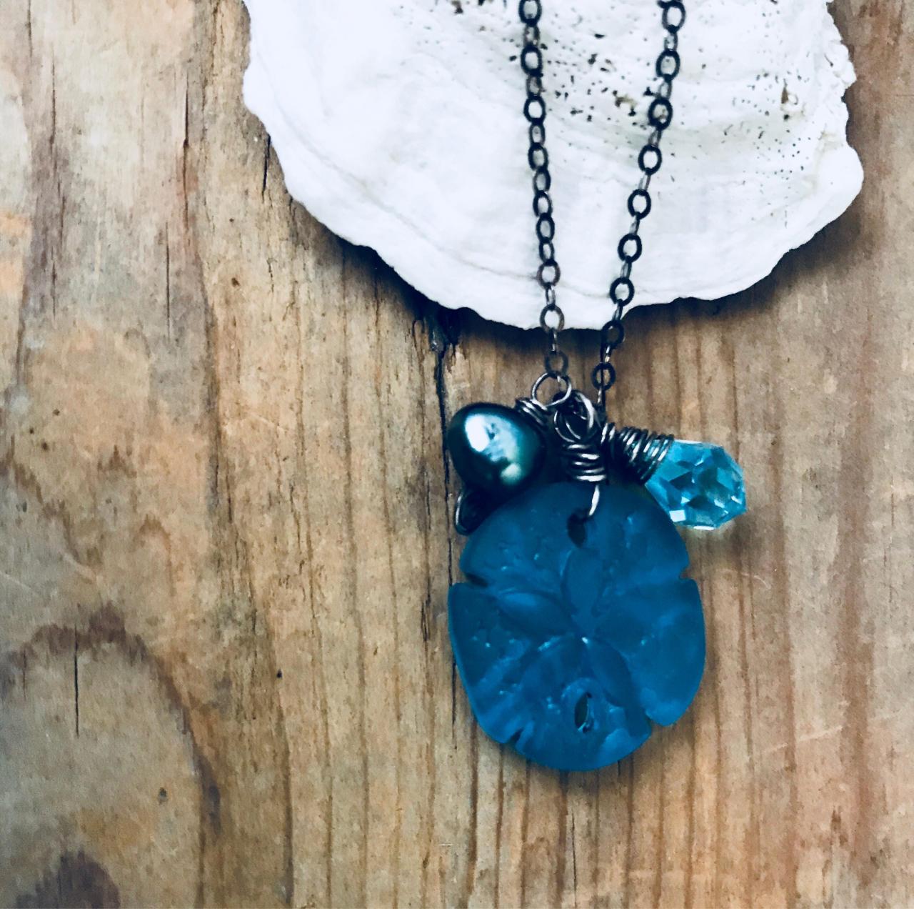 Teal Sand Dollar Necklace With Crystal And Pearl Sea Glass Jewelry Beachy Sterling Silver Charm Necklace Beachy Summer Wholesale