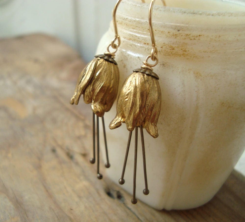 Brass Tulip Flower Earrings - Small. Flower Jewelry Art Nouveau Style Holiday Jewelry Spring Jewelry Floral Earrings Gifts Under 40