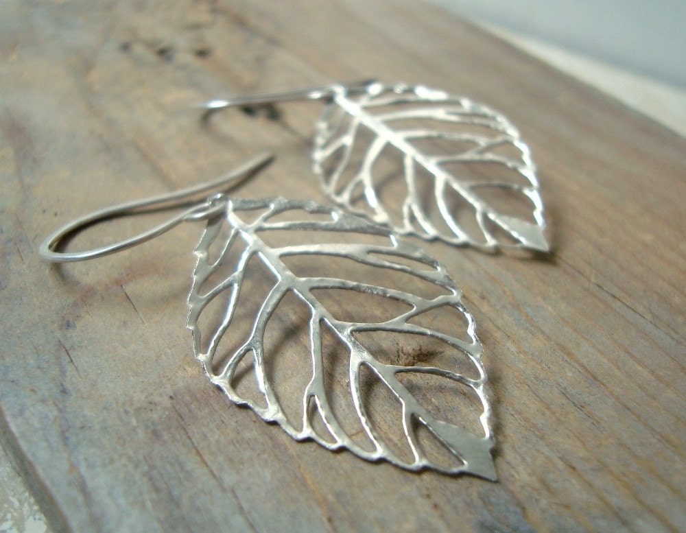Silver Cutout Leaf Earrings Nature Inspired Modern Zen Minimalist Gifts Under 25 Woodland Jewelry Fall Fashion Dangles Gifts For Her