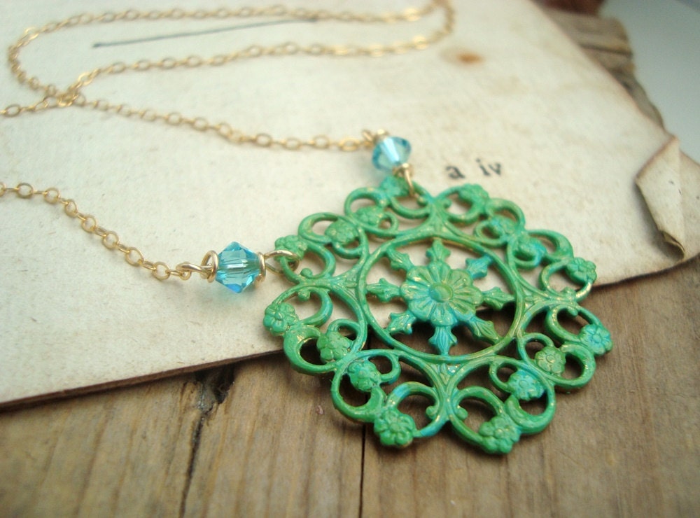 Green Filigree And Crystal Necklace Hand Painted Brass Jewelry Vintage Style Aqua Green Mothers Day Jewelry Bridesmaid Jewelry