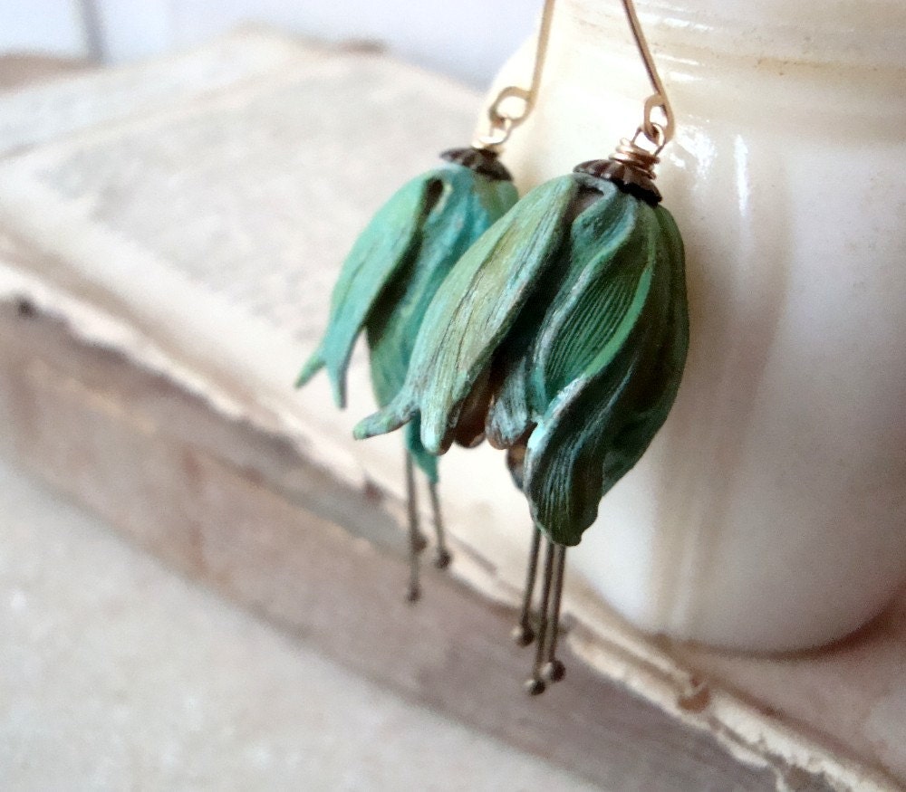Green Tulip Flower Earrings - Large. Patina Brass Flower Jewelry Floral Mothers Day Spring Bridesmaid Gifts For Her Weddings Large Dangles