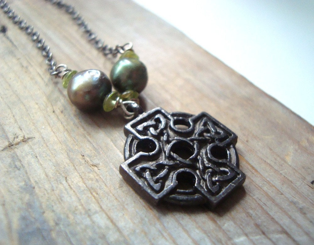 Celtic Cross Necklace Pearl and Peridot Gunmetal Pearl Jewelry August Spiritual Irish Religious Mothers Day St. Patricks Gifts Under 30 