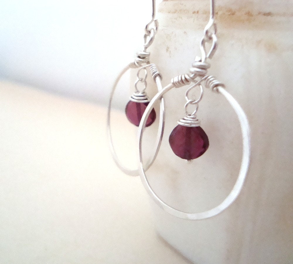 Garnet Heart Hoop Earrings Sterling Silver Holiday Jewelry January Birthstone Valentines Jewelry Small Hoops Gifts Under 50