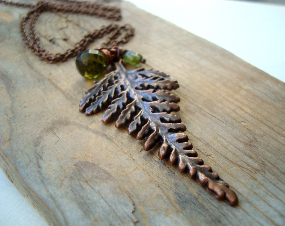 Copper Fern Necklace Olive Green Crystal Peridot August Woodland Statement Necklace Layering Necklace Gifts Under 40 Nature Inspired
