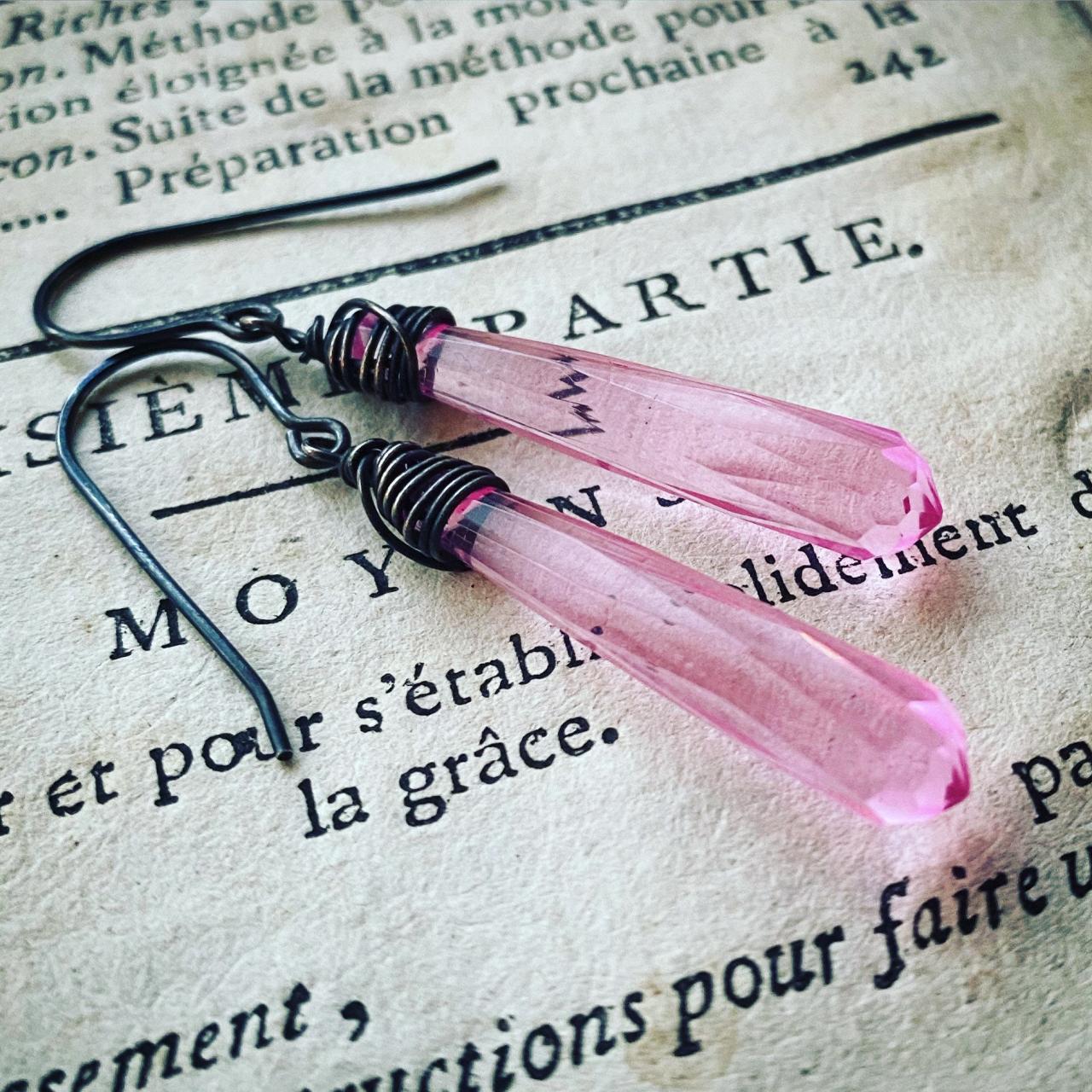 Faceted Pink Drop Earrings Vintage Lucite Sterling Wire Wrapped Modern Statement Jewelry Geometric Jewelry May Birthstone Gifts For Her