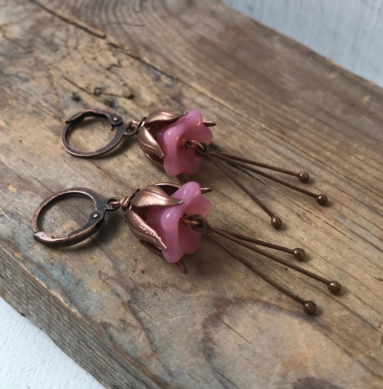 Pink Blossom Earrings With Rose Gold And Copper Vintage Style Bridal Jewelry Flower Jewelry Easter Spring Mothers Day Gifts Under 40 Garden