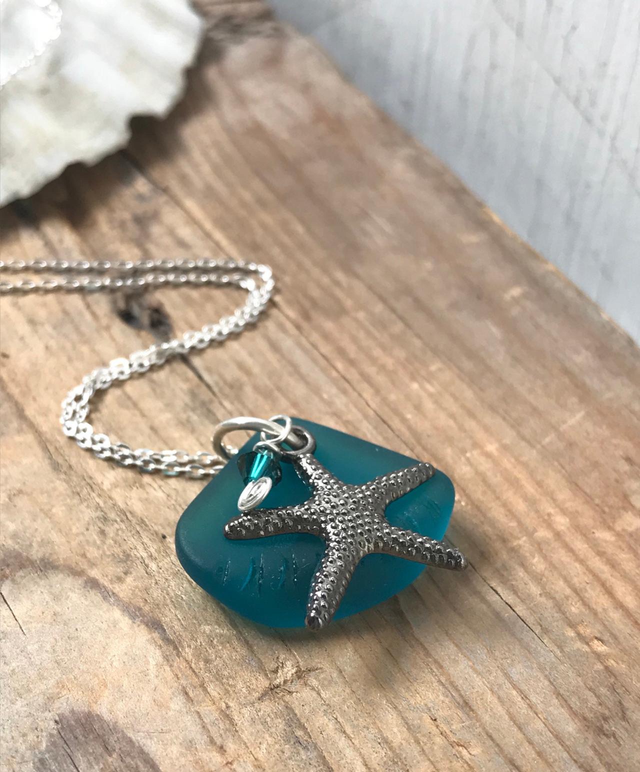 Sea Glass Necklace Teal With Gunmetal Starfish and Crystal Silver Jewelry Beachy Summer Jewelry Gemstone Bridesmaid Necklace Wholesale 