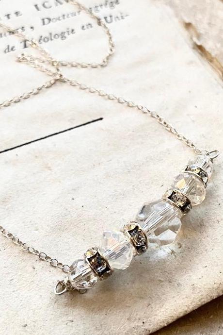 Crystal and Rhinestone Stack Necklace - Sterling Silver Vintage Style Brass Jewelry Wire Wrapped April Birthstone Crystal Jewelry