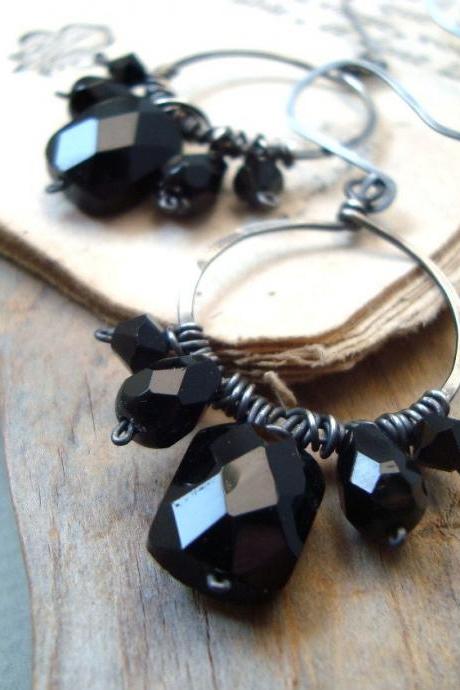 Black Crystal Hoop Earrings Oxidized Sterling Wire Wrapped Metalworked Holiday Jewelry Winter Party Jewelry Gifts Under 50.