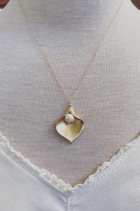 Gold Calla Lily Necklace With White Pearl Bridal Jewelry Flower Floral Mothers Day June Birthstone Statement Necklace Rhodium.