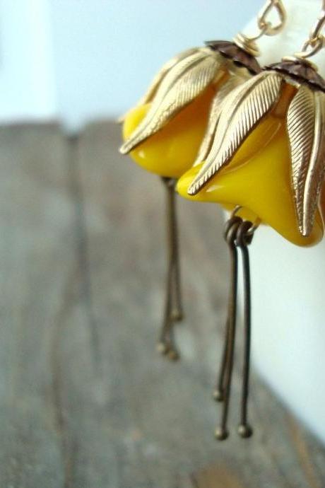 Golden Yellow Blossom Earrings Brass Vintage Style Fall Fashion, Shabby Chic Jewelry Flower Jewelry Floral Earrings.