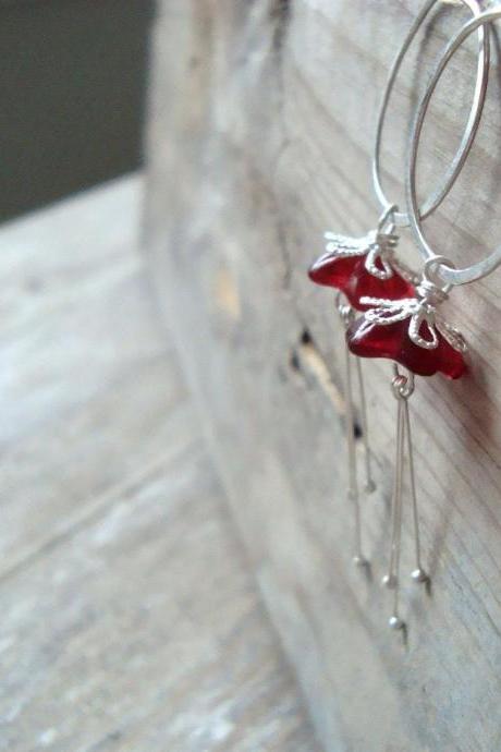 Cranberry Blossom Hoop Earrings - Sterling Silver And Garnet Glass. Holiday Jewelry Flower Jewelry Floral Gifts Under 40 Dangles.