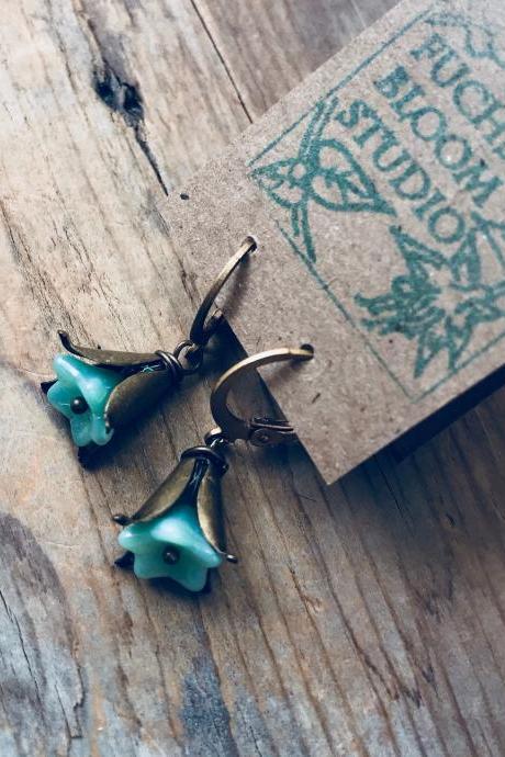 Flower Earrings Tiny Aqua Blossoms With Brass Beadcaps Leverbacks Floral Jewelry Art Nouveau Style Gifts Under 30.