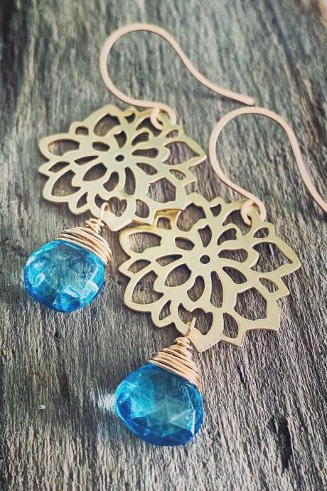 Chrysanthemum Earrings With Aqua Quartz Gold Rhodium Flower Metalwork Wire Wrapped Gemstone Zen Asian Style Modern Dangles Gifts Under 50.