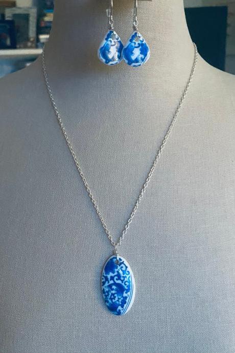 Blue China Necklace And Earring Set. Sterling Silver Blue And White Glass Jewelry Aqua Blue Asian Style Ooak.