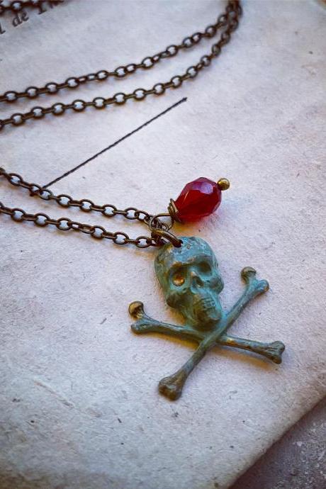 Pirate Necklace With Ruby Glass Teardrop. Patina Brass Charm Goth Jewelry Charm Jewelry, July Birthstone.