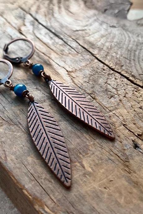 Feather Earrings - Antiqued Copper with Blue Stone. Leverbacks Long Dangles Boho Chic Jewelry, Bohemian Hippie Statement Earrings Coachella.