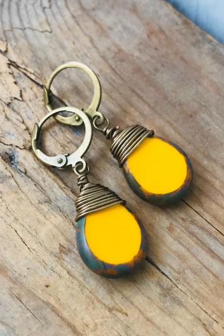 Yellow Teardrop Earrings Leverback Wire Wrapped Czech Picasso Glass Brass Jewelry, Boho Beachy, Fall Autumn Jewelry.