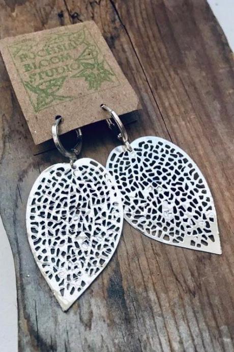 Cutout Leaf Earrings Silver Nature Inspired Modern Zen Minimalist Gifts Under 20 Woodland Jewelry, Fall Fashion Dangles.