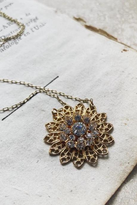 Rhinestone Flower Necklace Gold Filigree Pendant Chain Floral Jewelry Vintage Style.