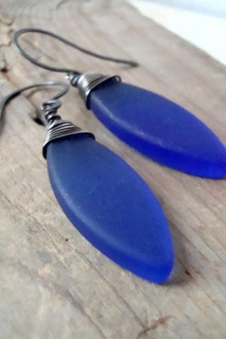 Sea Glass Leaf Earrings - Cobalt Blue. Oxidized Sterling Silver Wire Wrapped Summer Fashion Beach Glass Jewelry Geometric Dark Blue.