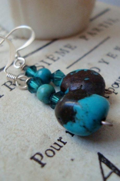 Turquoise and Crystal Earrings Modern December Birthstone Gifts Under 40 Gemstone Aqua Beachy Sterling Silver Holiday Jewelry Boho OOAK.