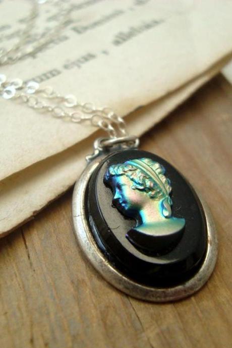 Black Cameo Necklace Iridescent Vintage Style Bridal Jewelry Weddings Jewelry Gifts Under 30 Old Fashioned Bride Cameo Silver Victorian.